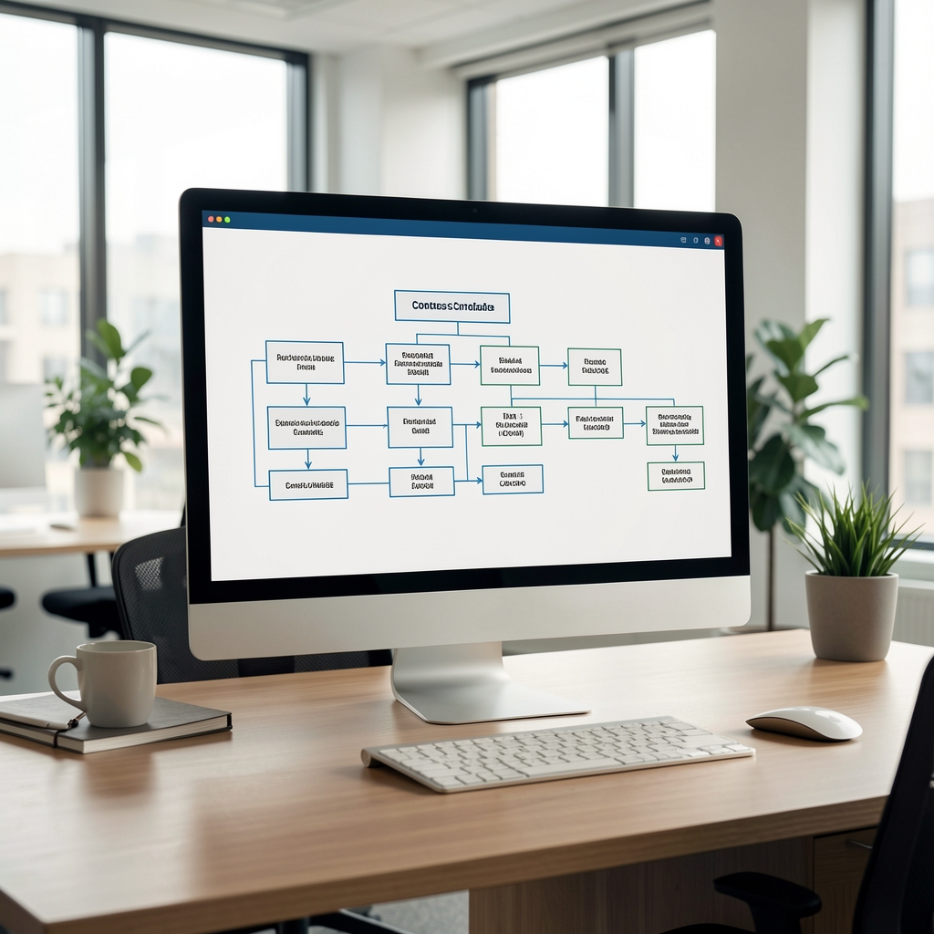 Diagrama de flujo de procesos contables automatizados mostrado en pantalla de monitor en oficina moderna