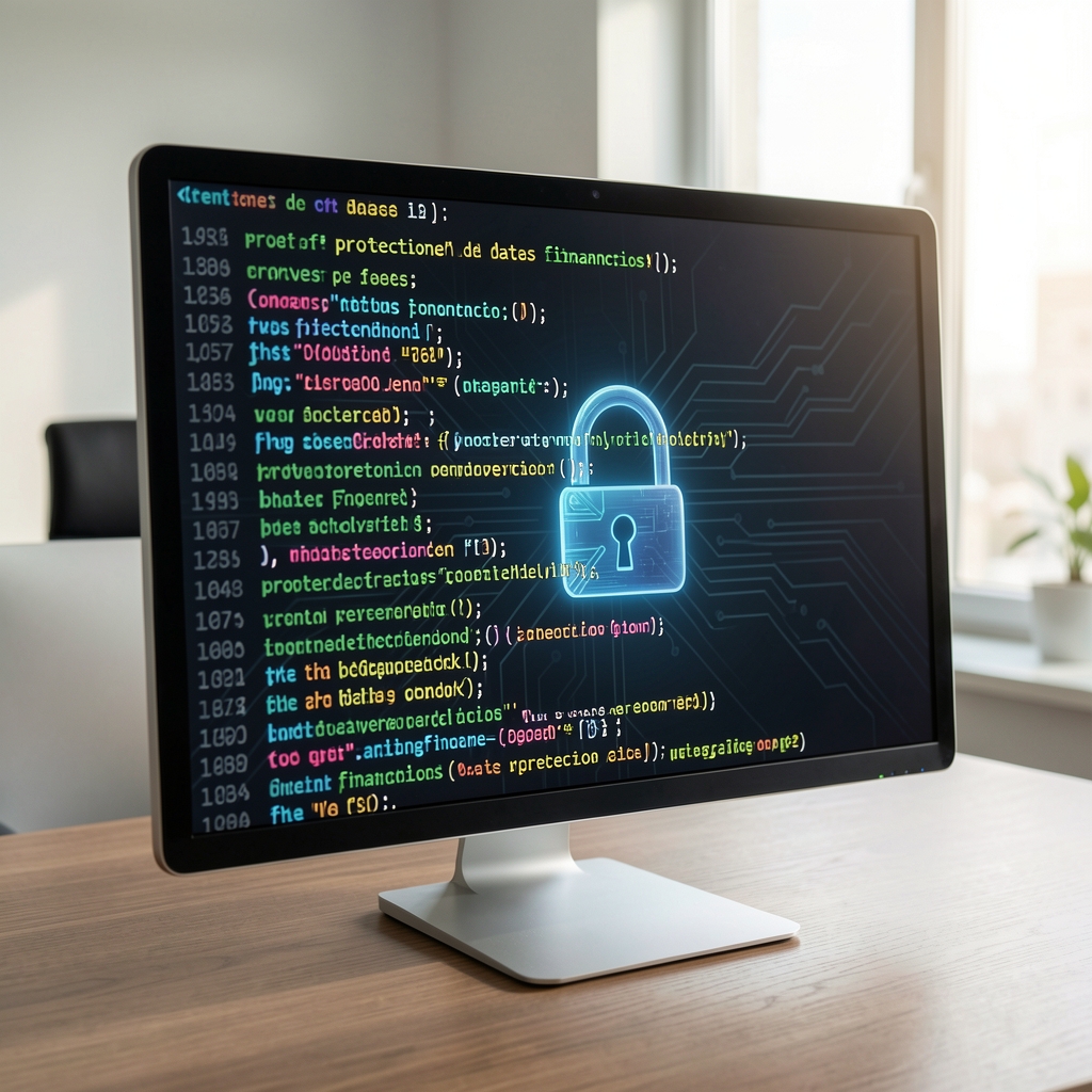 Pantalla mostrando candado digital y líneas de código representando protección de datos financieros