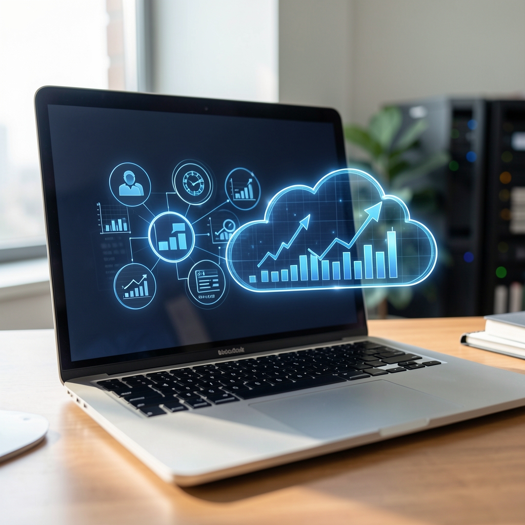 Servidor de datos en la nube representado junto a íconos de gráficos financieros en pantalla de laptop