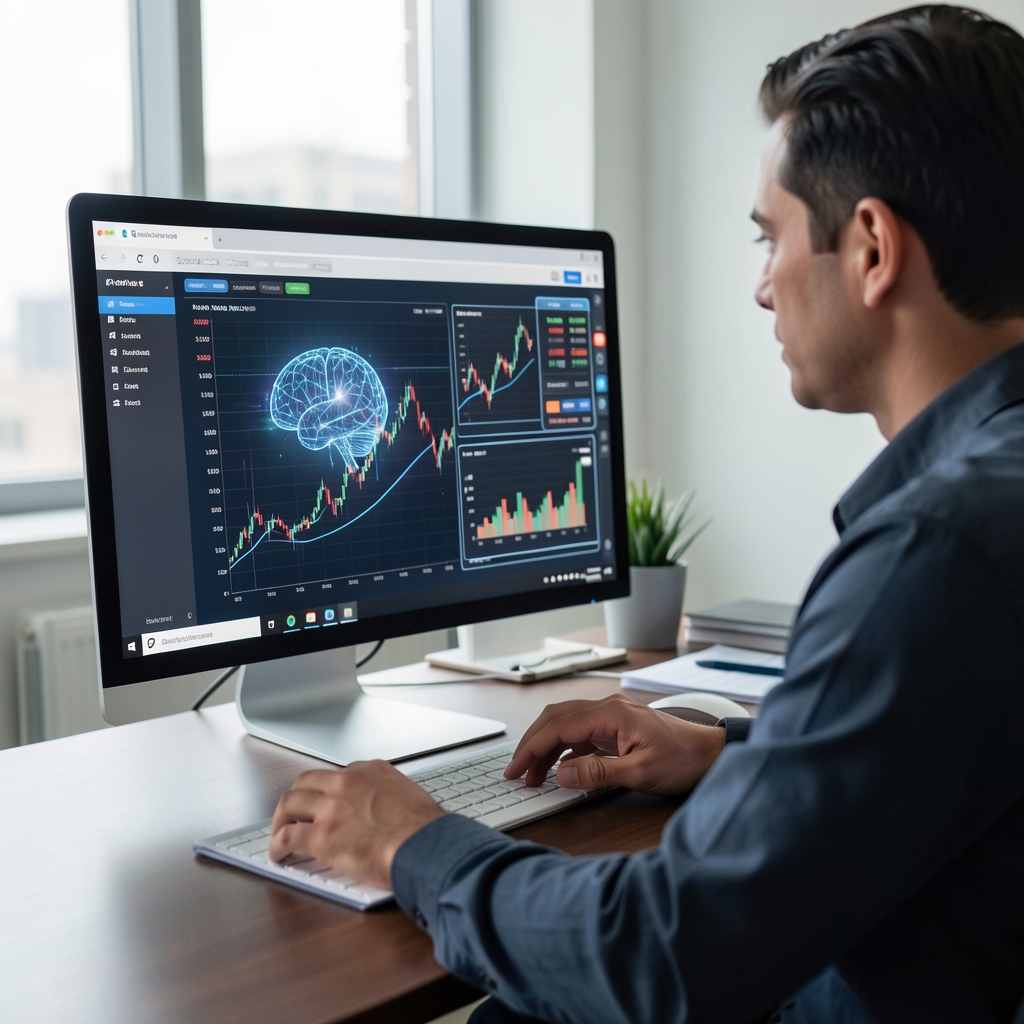 Persona revisando reportes financieros en pantalla de computadora con gráficos de inteligencia artificial superpuestos