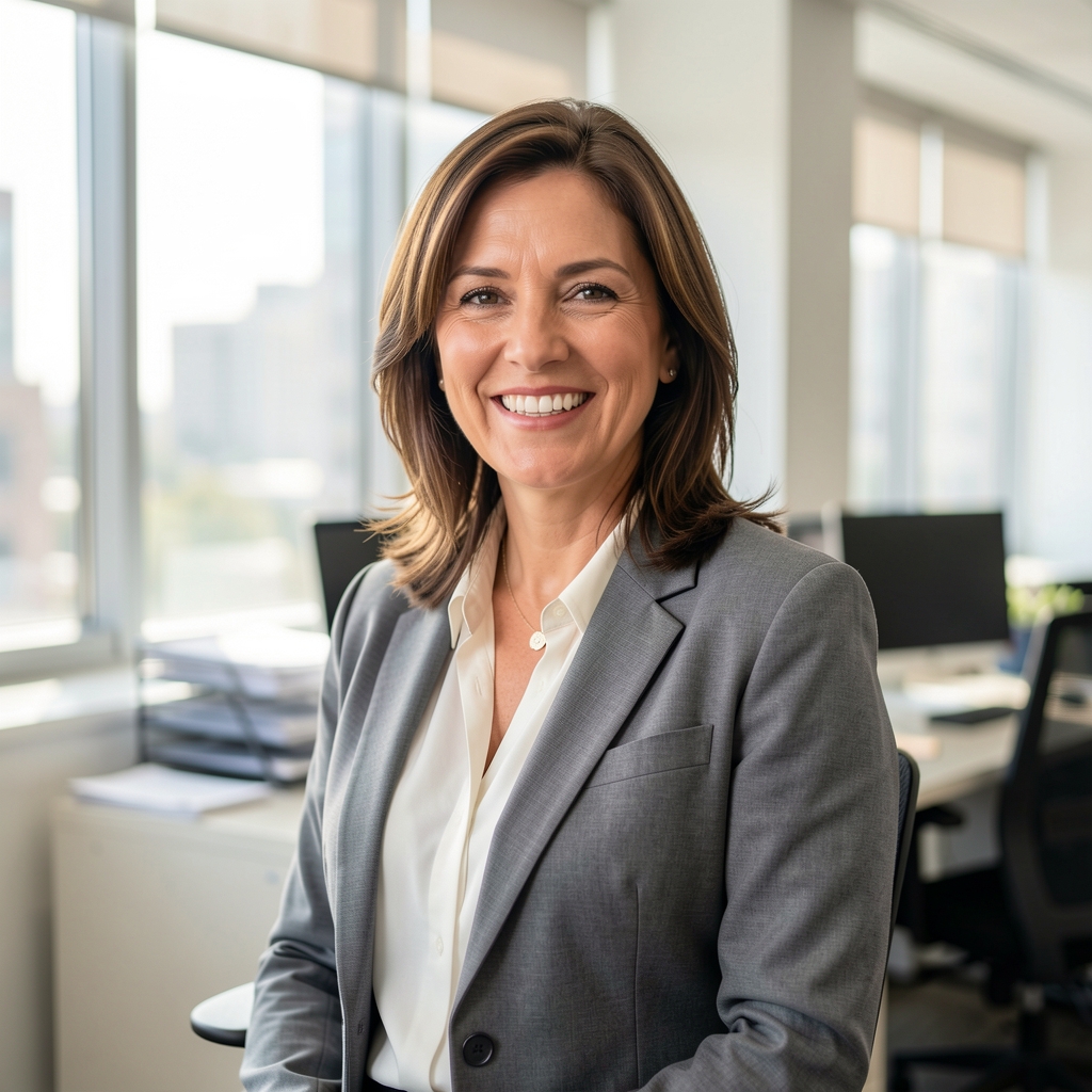 Retrato profesional de mujer contadora de unos 40 años con blazer gris sonriendo en oficina luminosa