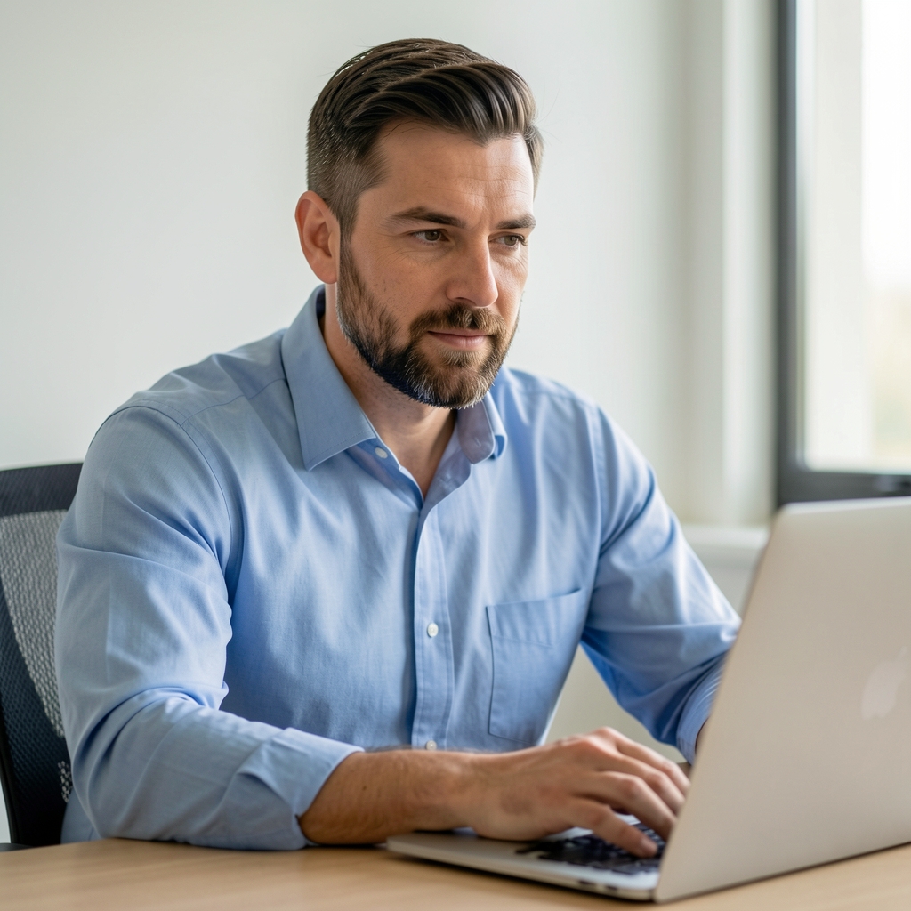 Retrato profesional de hombre de unos 35 años con camisa celeste y barba corta trabajando frente a laptop