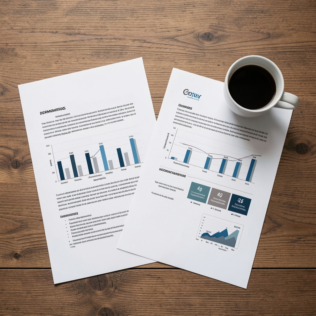 Documentos normativos, gráficos impresos y taza de café sobre escritorio de madera visto desde arriba