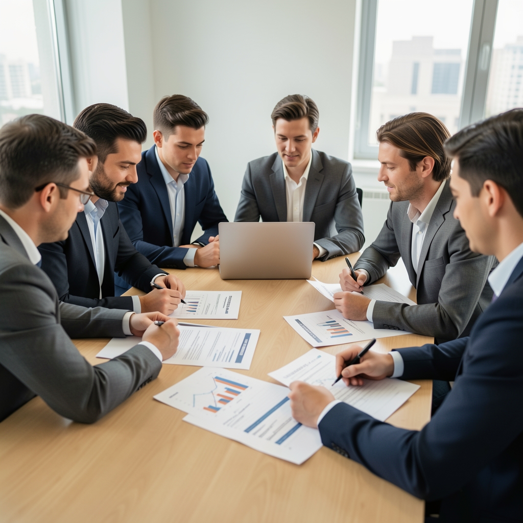 Equipo de profesionales reunidos alrededor de una mesa de reuniones revisando informes financieros impresos y una laptop